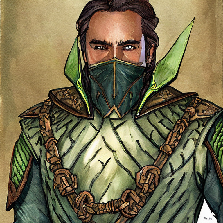 Dungeons and dragons character concept portrait. Male Fighter, Dragonborn race, dragon-skin, dragon-face, dragon-nose, dragon-ears, dragon-humanoid, a human with a dragon-head, He has the appearance of a green chameleon Lizard-folk. He wears the Cloak of Arachnida: A fine garment made of black silk interwoven with faint silvery threads, and under the cloak he wears common clothes . He is wielding A Sun Blade: a sword with a silver hilt and a blade of pure golden-white radiance that is thin as a wire. He has green eyes and a 1 single horn centered on his forehead., , intricate, elegant, highly detailed, digital painting, artstation, concept art, smooth, sharp focus, illustration, art by stable diffusion ai's favorite artists