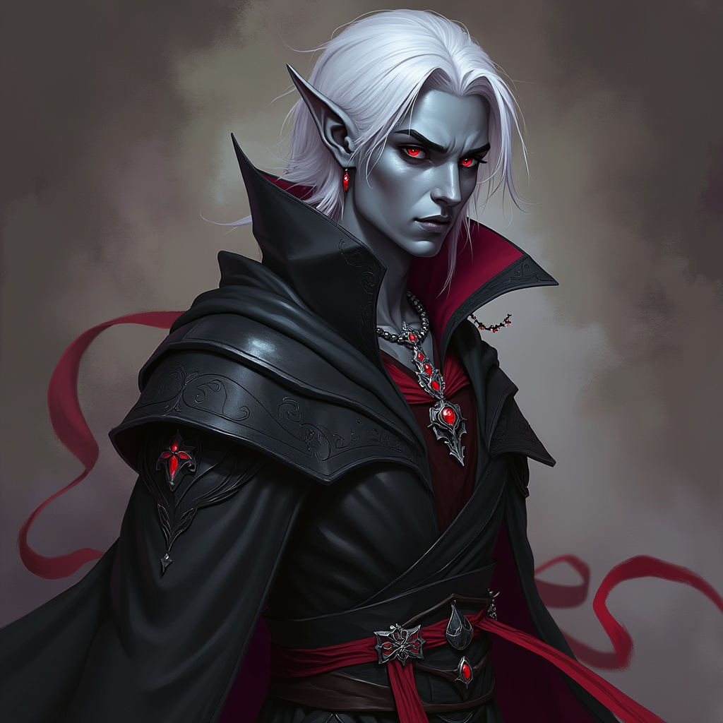 Dungeons and dragons character concept portrait. Male Sorcerer, Drow race, The drow, or dark elf, is a slender figure, with dark gray to nearly black skin. Their hair is stark white or pale silver, contrasting sharply with their skin. Drow have sharp, angular features, and vibrant eyes and angular eyes. They wear dark, elegant clothing with intricate details reflecting their underground and mysterious origins with robe, red short head of hair, with red eyes,, , intricate, elegant, highly detailed, digital painting, artstation, concept art, smooth, sharp focus, illustration, art by stable diffusion ai's favorite artists