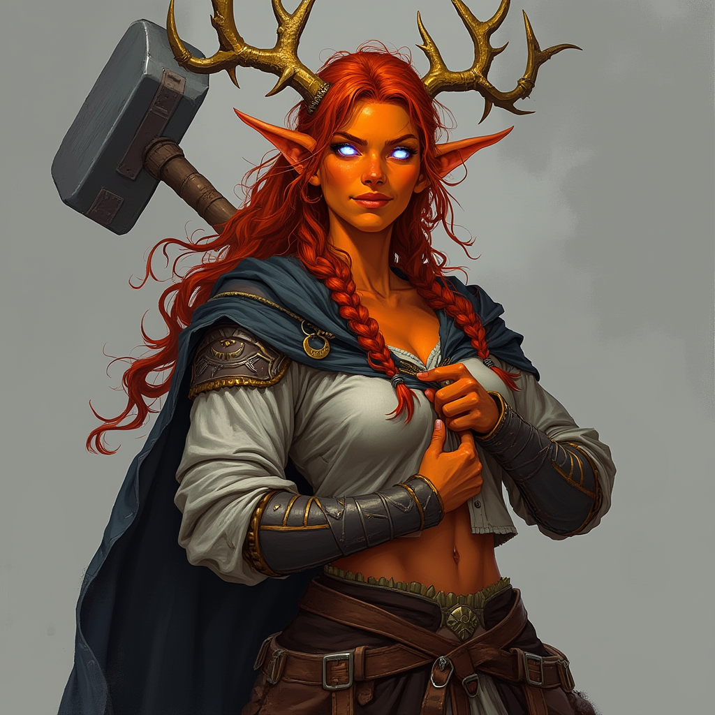 Dungeons and dragons character concept portrait. Female Paladin, Tiefling race, The tiefling is a tall and striking figure with a lean and muscular build. Sharp horns that grow amidst the hairline. Tieflings have glowing eyes which give them an otherworldly appearance. Tieflings favor bold clothing incorporating dark colors and intricate patterns Tiefling female, muscular and stocky, orange-gold skin, bright flamelike blue-white eyes, wavy fire-engine red hair in messy braids, gold-white twelve point curled antlers, UNARMORED, simple rugged clothing, a large hammer on her back, friendly smile, repairing a tear in a shirt, , intricate, elegant, highly detailed, digital painting, artstation, concept art, smooth, sharp focus, illustration, art by stable diffusion ai's favorite artists