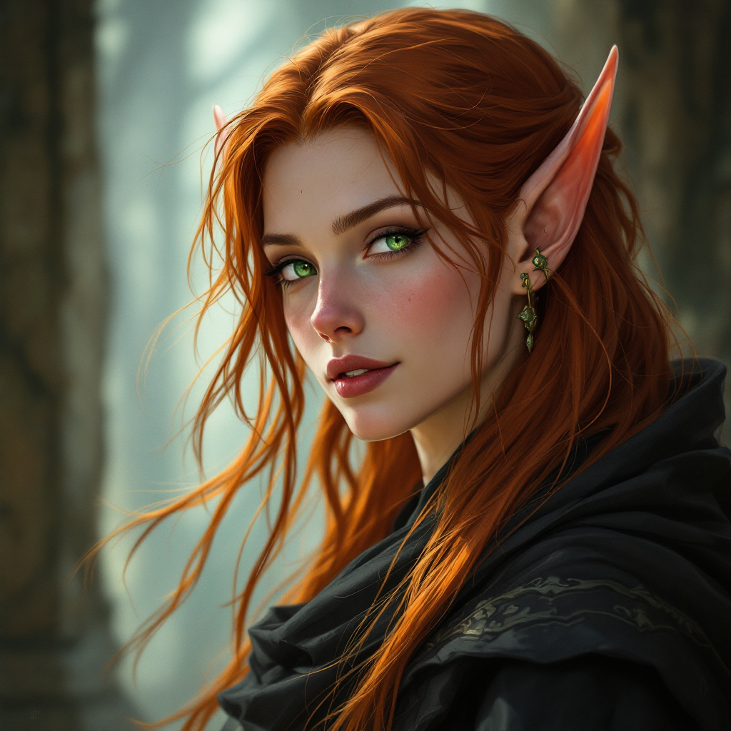 Dungeons and dragons character concept portrait. Female Warlock, Elf race, The elf is a slender, athletic figure, standing about the same height as a human. Elves have bright eyes. Elves have angular features and angular eyes. Their hair long with loose hairstyle with red hair, green eyes, pale skin, thin nose, a slight smile, , intricate, elegant, highly detailed, digital painting, artstation, concept art, smooth, sharp focus, illustration, art by stable diffusion ai's favorite artists