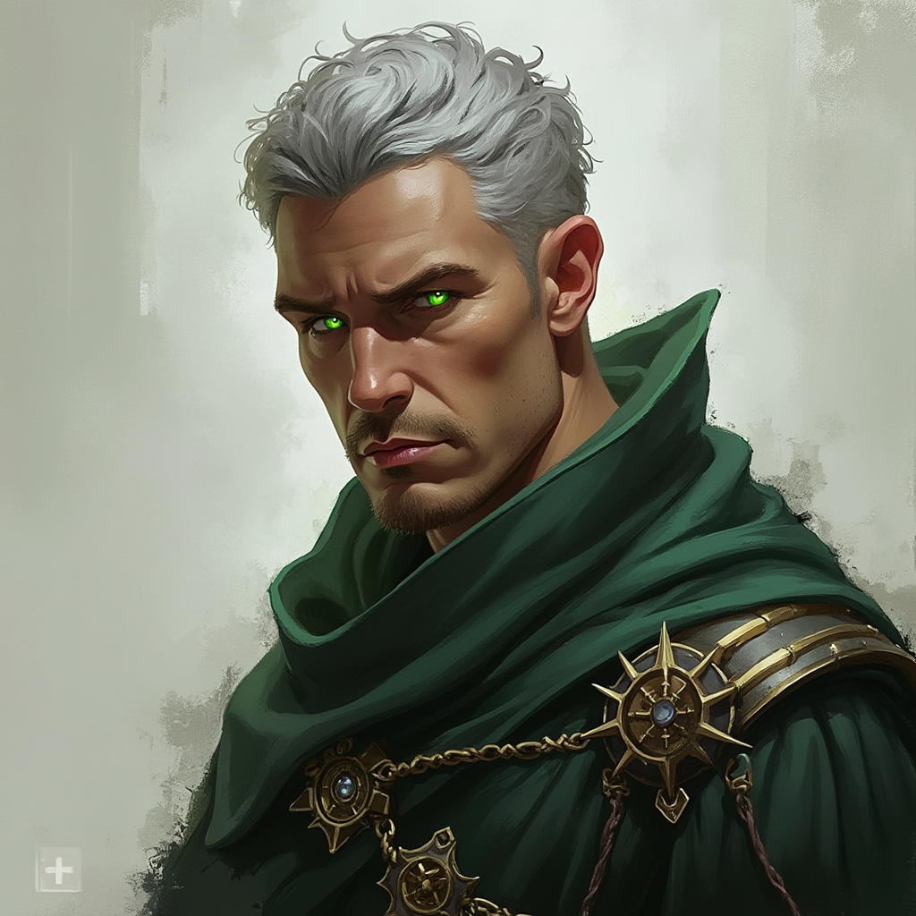 Dungeons and dragons character concept portrait. Male Warlock, Human race, Normal human anatomy and human face, non-fantasy features. Humans have strong jawline and rounded face features, with rounded eyes middle aged human male warlock glowing green eyes short grey hair no facial hair, , intricate, elegant, highly detailed, digital painting, artstation, concept art, smooth, sharp focus, illustration, art by stable diffusion ai's favorite artists