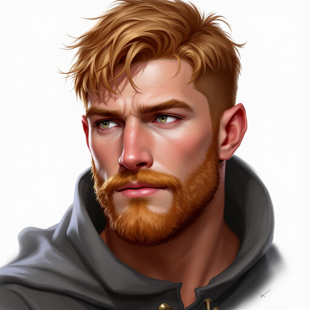 Dungeons and dragons character concept portrait. Male Fighter, Human race, Normal human anatomy and human face, non-fantasy features. Humans have strong jawline and rounded face features, with rounded eyes short hair aged ginger with short beard with charming face with strong jaw, , intricate, elegant, highly detailed, digital painting, artstation, concept art, smooth, sharp focus, illustration, art by stable diffusion ai's favorite artists