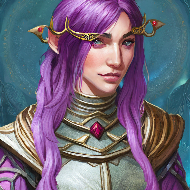 Dungeons and dragons character concept portrait. Female Bard, Elf race,  Purple hair with pink and red highlights, , intricate, elegant, highly detailed, digital painting, artstation, concept art, smooth, sharp focus, illustration, art by stable diffusion ai's favorite artists