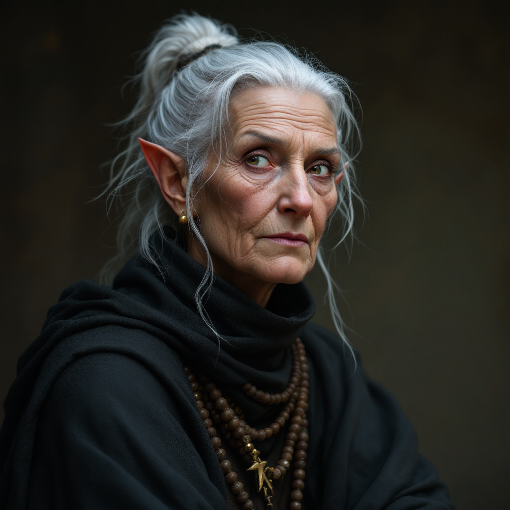 Dungeons and dragons character concept portrait. Female Cleric, Human race, Normal human anatomy and human face, non-fantasy features. Humans have strong jawline and rounded face features, with rounded eyes An old female human cleric who is the head of a temple of life wearing robes, , dnd photography, dnd live action, realistic dnd portrait, medium shot portrait, highly detailed, dynamic shot, 4k photo