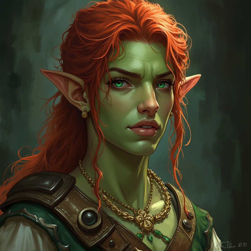 Dungeons and dragons character concept portrait. Male Barbarian, Human race, Normal human anatomy and human face, non-fantasy features. Humans have strong jawline and rounded face features, with rounded eyes female forest gnome ranger with green skin red hair green eyes , , dnd baroque character portrait, dnd character from the baroque era, baroque luxurious elements, baroque dramatic lighting, light and shadow contrast