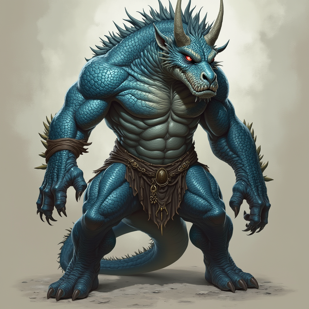Dungeons and dragons character concept portrait. Male Barbarian, Dragonborn race, The dragonborn is a tall and muscular humanoid, covered in fine, leather scales with larger scales on their forearms, legs, shoulders, and thighs. They have clawed hands and feet with three fingers and a thumb. Their face has a blunt snout, strong brow, and frills near the cheeks and ears. A crest of horn-like scales runs down the back of their head, resembling thick, ropy hair. Their eyes are red or gold Sapphire scales with an obsidian belly with a fierce expression with icey blue eyes, , intricate, elegant, highly detailed, digital painting, artstation, concept art, smooth, sharp focus, illustration, art by stable diffusion ai's favorite artists
