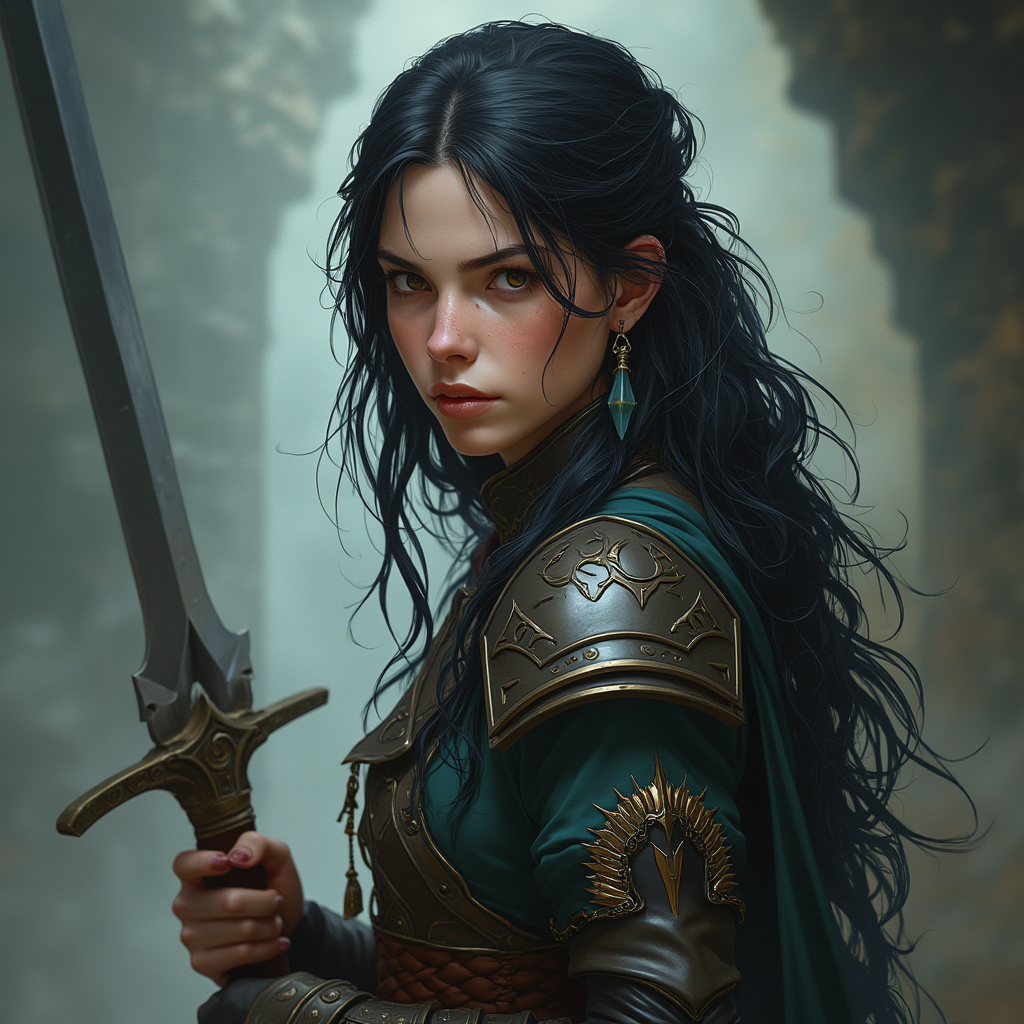 Dungeons and dragons character concept portrait. Female Fighter, Human race, Normal human anatomy and human face, non-fantasy features. Humans have strong jawline and rounded face features, with rounded eyes human, with long, black hair, pale, ashen skin, gunblade, gunbreaker, confident, , , dnd photography, dnd live action, realistic dnd portrait, medium shot portrait, highly detailed, dynamic shot, 4k photo