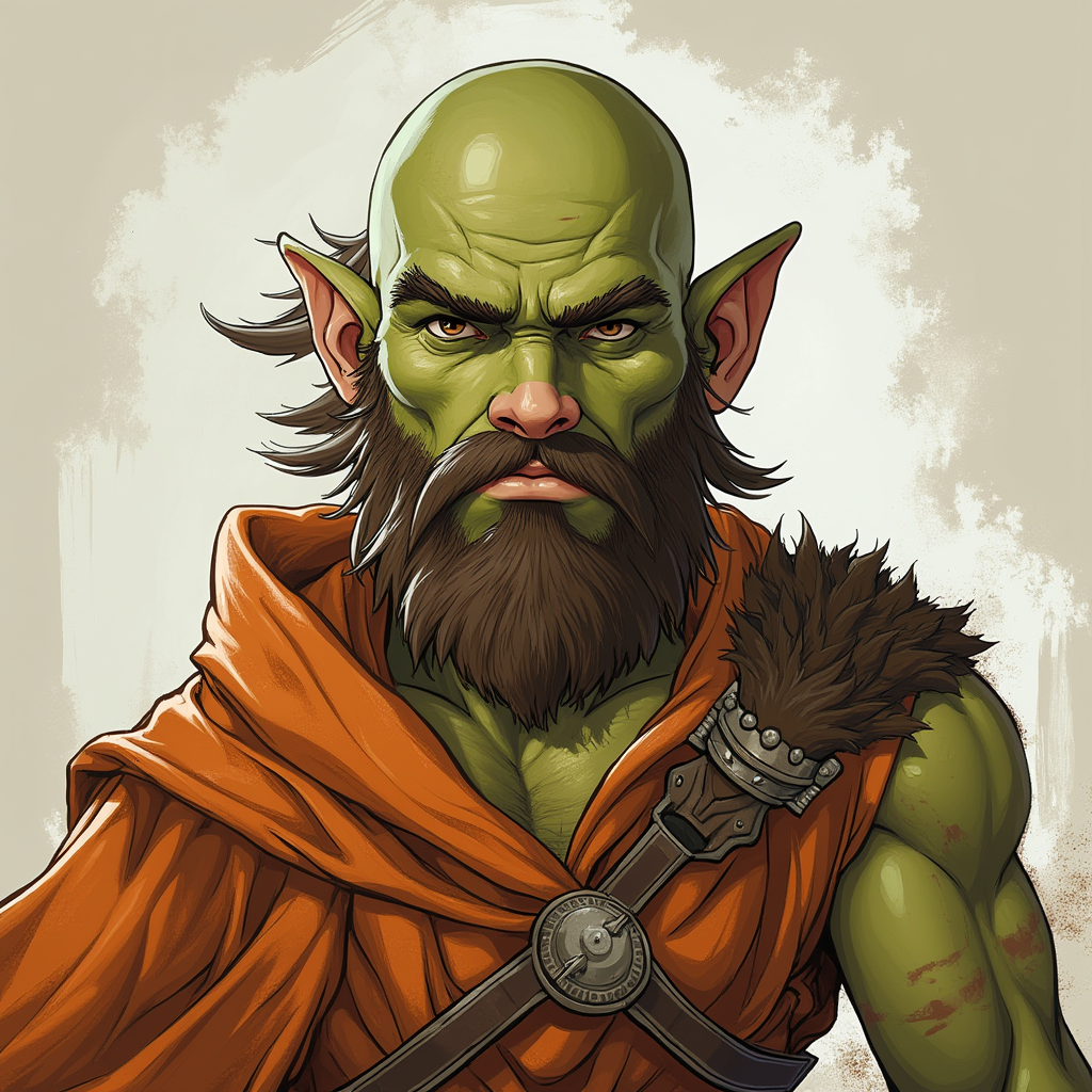 Dungeons and dragons character concept portrait. Male Barbarian, Human race, Normal human anatomy and human face, non-fantasy features. Humans have strong jawline and rounded face features, with rounded eyes tall masculine half orc no beard, bald, orange clothes, brown eyes, with green skin, no beard, no facial hair except for eyebrows. Round ears, , dnd cartoon character portrait, dnd cartoon character, highly detailed, high quality cartoon character