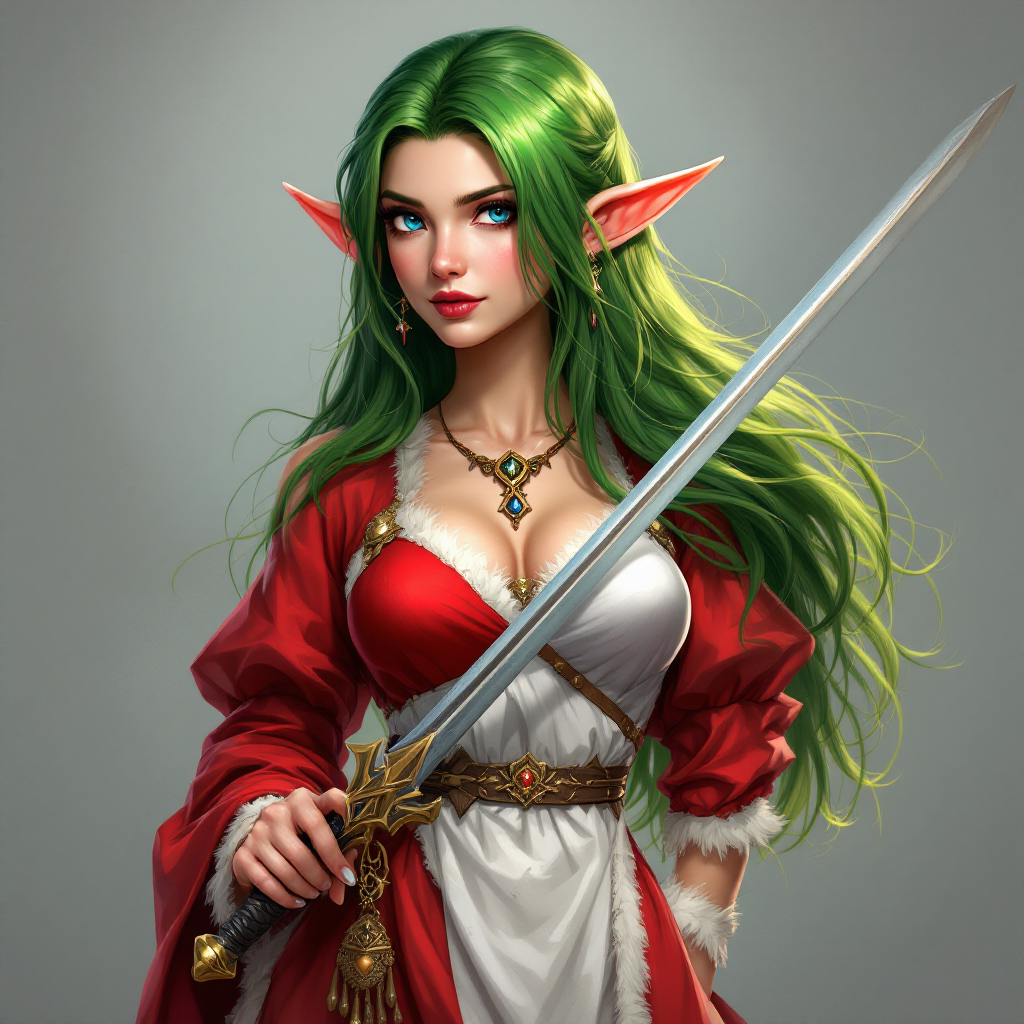Dungeons and dragons character concept portrait. Female Druid, Dwarf race, The dwarf is a short and broad figure. Dwarves have long hair. Dwarves have rounded face features. Their clothing and gear are decorated with bold geometric designs, gems, and ancestral faces mischief making Christmas elf with green long hair and spakling blue eyes with a sword also she has a red and white dress, , dnd anime character portrait, dnd anime character, highly detailed, high quality anime character