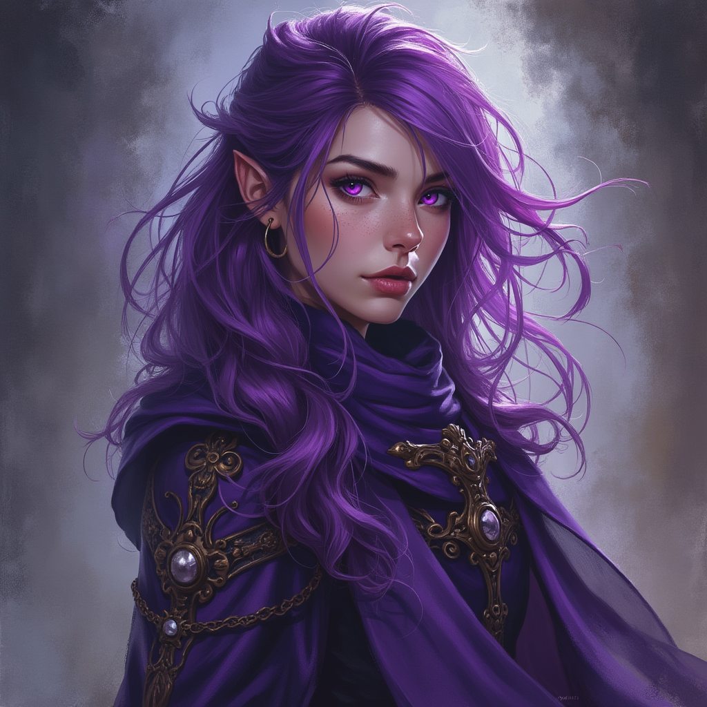 Dungeons and dragons character concept portrait. Female Sorcerer, Human race, Normal human anatomy and human face, non-fantasy features. Humans have strong jawline and rounded face features, with rounded eyes woman, purple hair mage, purple eyes beautiful face, 40 years old, no hat, full body picture, , dnd anime character portrait, dnd anime character, highly detailed, high quality anime character