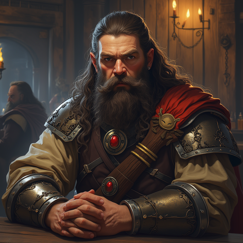 Dungeons and dragons character concept portrait. Male Fighter, Dwarf race, The dwarf is a short and broad figure. Dwarves have long hair. Dwarves have rounded face features. Their clothing and gear are decorated with bold geometric designs, gems, and ancestral faces dwarf realistic sat in tavern older dark hair, , dnd photography, dnd live action, realistic dnd portrait, medium shot portrait, highly detailed, dynamic shot, 4k photo