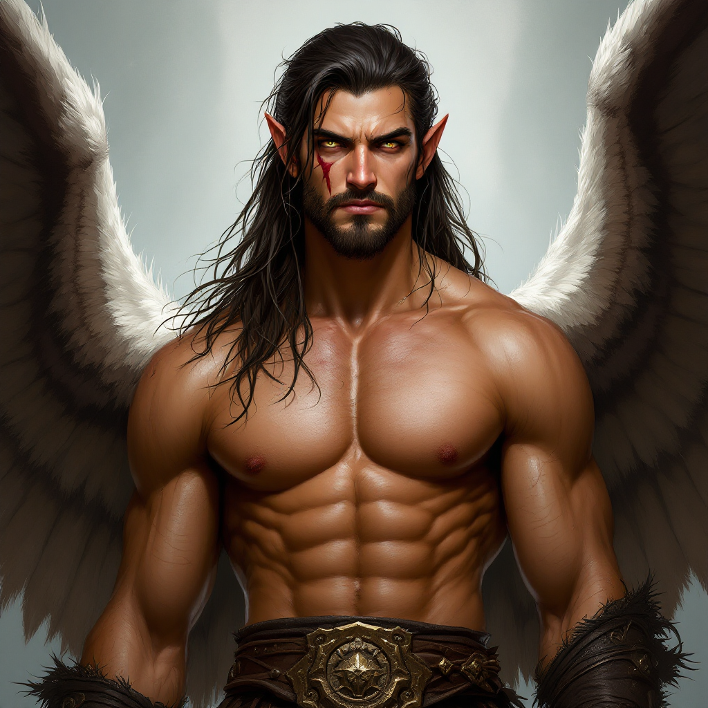 Dungeons and dragons character concept portrait. Male Barbarian, Elf race, The elf is a slender, athletic figure, standing about the same height as a human. Elves have bright eyes. Elves have angular features and angular eyes. Their hair long with loose hairstyle very tall, with long hair, scar on the face, His skin is golden-tan, dark hair, strong cheekbones, a square jaw shadowed with stubble, eyes hazel-brown with flecks of gold, he has enormous wings extending from his back, , intricate, elegant, highly detailed, digital painting, artstation, concept art, smooth, sharp focus, illustration, art by stable diffusion ai's favorite artists