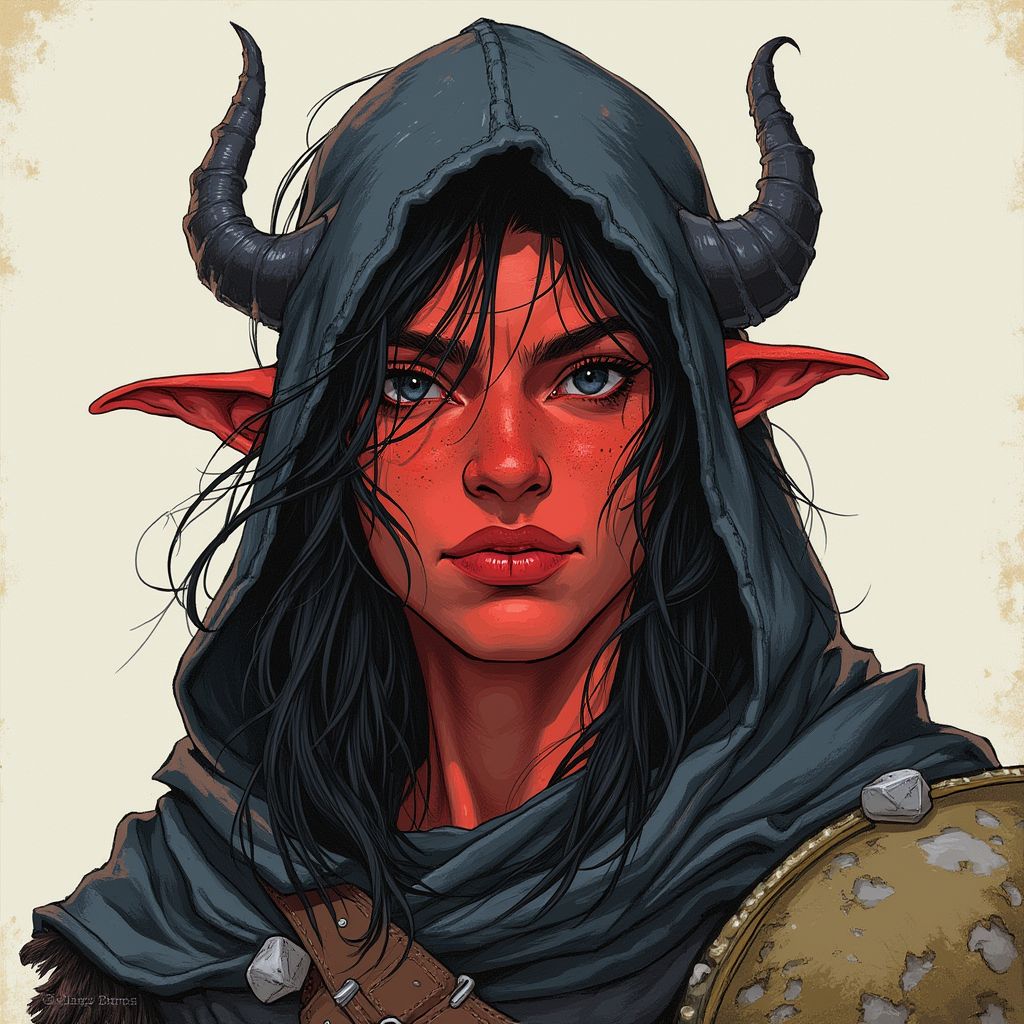 Dungeons and dragons character concept portrait. Male Barbarian, Human race, Normal human anatomy and human face, non-fantasy features. Humans have strong jawline and rounded face features, with rounded eyes girl with black hair, black eyes, wearing black hood, long crooked ears, black horns, red skin, , dnd hand drawing, dnd drawing portrait, dnd character drawing, highly detailed hand drawing, high quality character drawing, colored drawing, colorful drawing, light background, solid background