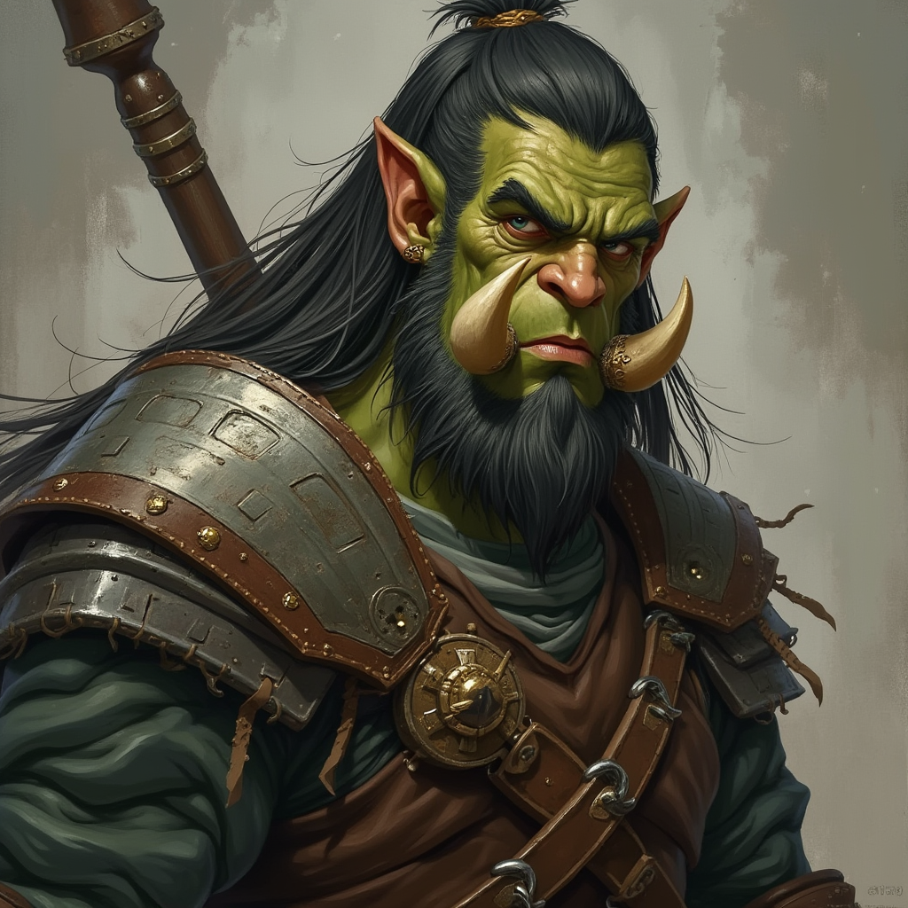 Dungeons and dragons character concept portrait. Male Paladin, Half-Orc race, The half-orc is a robust figure, with a broad and muscular build. They have greenish skin, with pronounced features such as a strong jawline, large tusks protruding from their lower lip, and a prominent brow. Half-orcs have coarse, dark hair. Half-orcs wear rugged, practical clothing suited for combat or hard labor Skinny, 20 year old long ronin hair dark red skin , , intricate, elegant, highly detailed, digital painting, artstation, concept art, smooth, sharp focus, illustration, art by stable diffusion ai's favorite artists