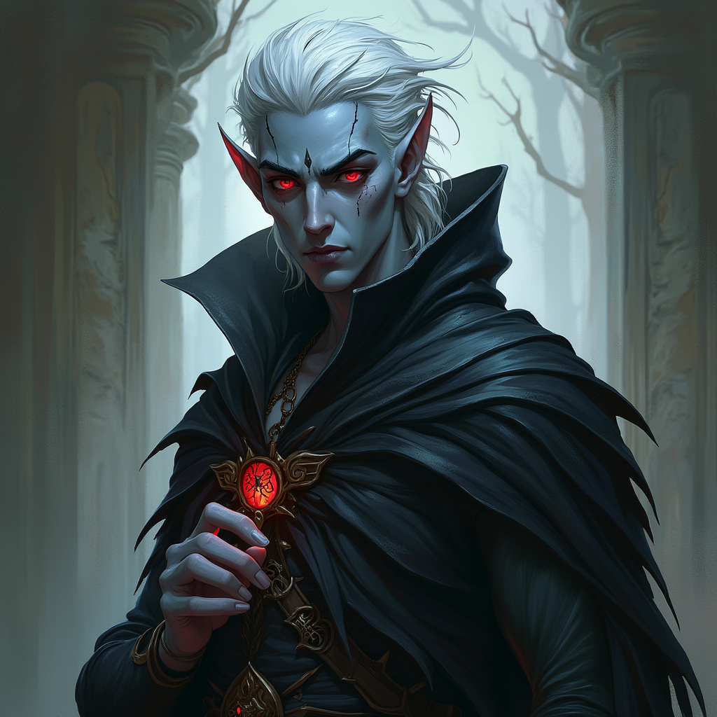 Dungeons and dragons character concept portrait. Male Sorcerer, Drow race, The drow, or dark elf, is a slender figure, with dark gray to nearly black skin. Their hair is stark white or pale silver, contrasting sharply with their skin. Drow have sharp, angular features, and vibrant eyes and angular eyes. They wear dark, elegant clothing with intricate details reflecting their underground and mysterious origins with robe, short hair, with red eyes,, , intricate, elegant, highly detailed, digital painting, artstation, concept art, smooth, sharp focus, illustration, art by stable diffusion ai's favorite artists