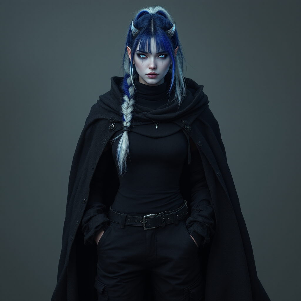 Dungeons and dragons character concept portrait. Male Barbarian, Human race, Normal human anatomy and human face, non-fantasy features. Humans have strong jawline and rounded face features, with rounded eyes Her Skin color pale blue tint. Her Clothing is fitted straight black cargo pants, black combat boots and a turtleneck tank top with a shadowy cloak. Hair is two-toned navy with white, in a long ponytail with straight-cut bangs across the forehead. Ears have many earrings that are spikes. She has a simple black septum piercing. Eyes are pale, glowing gray-blue. Facial expression is bored. She has an oval face shape. Her horns spiral upward and slightly back. Pose Standing with hands in pockets. . Female, , dnd photography, dnd live action, realistic dnd portrait, medium shot portrait, highly detailed, dynamic shot, 4k photo