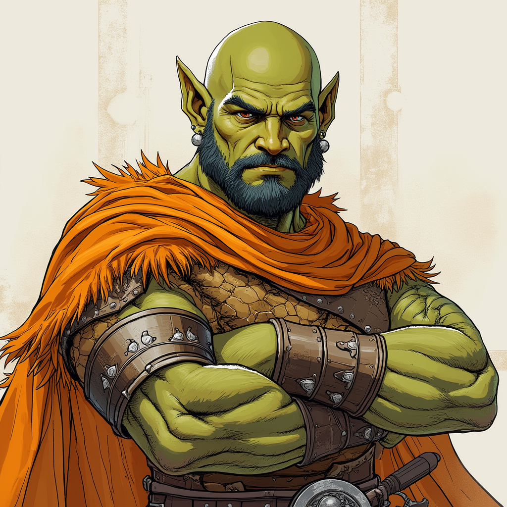 Dungeons and dragons character concept portrait. Male Barbarian, Human race, Normal human anatomy and human face, non-fantasy features. Humans have strong jawline and rounded face features, with rounded eyes tall masculine half orc no beard, bald, orange clothes, brown eyes, with green skin, no beard, no facial hair except for eyebrows. Round ears, , dnd comics character drawing, dnd comics character, 2d comics drawing, marvel comics style character, dc comics style character