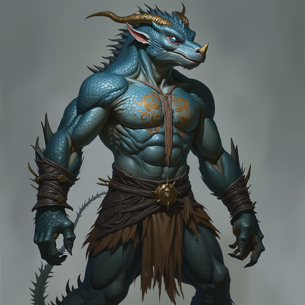 Dungeons and dragons character concept portrait. Male Barbarian, Dragonborn race, The dragonborn is a tall and muscular humanoid, covered in fine, leather scales with larger scales on their forearms, legs, shoulders, and thighs. They have clawed hands and feet with three fingers and a thumb. Their face has a blunt snout, strong brow, and frills near the cheeks and ears. A crest of horn-like scales runs down the back of their head, resembling thick, ropy hair. Their eyes are red or gold Sapphire scales, with obsidian colored belly, with a fierce expression, with Icy blue eyes, with tattoos on the face, , intricate, elegant, highly detailed, digital painting, artstation, concept art, smooth, sharp focus, illustration, art by stable diffusion ai's favorite artists