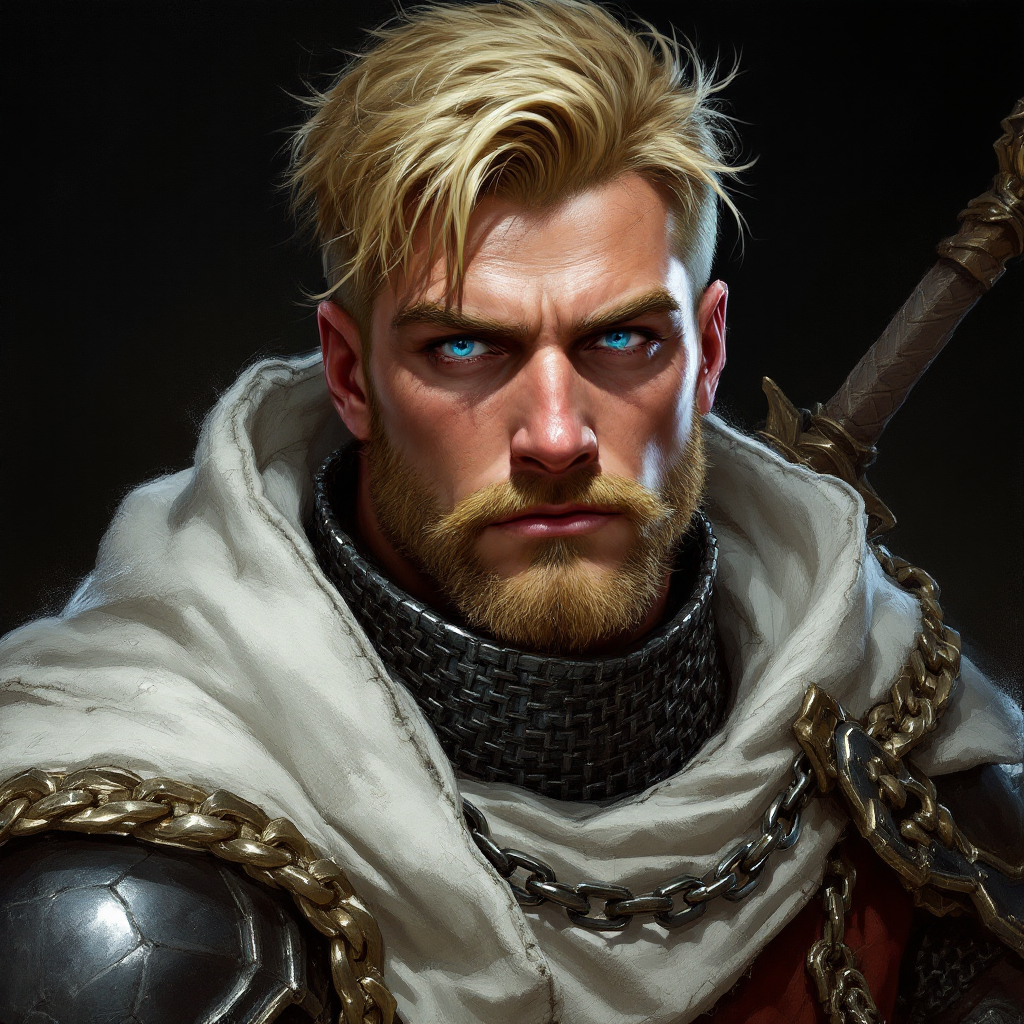 Dungeons and dragons character concept portrait. Male Fighter, Human race, Normal human anatomy and human face, non-fantasy features. Humans have strong jawline and rounded face features, with rounded eyes Very stupid human male fighter in chainmail armor with blue eyes and blond hair, , intricate, elegant, highly detailed, digital painting, artstation, concept art, smooth, sharp focus, illustration, art by stable diffusion ai's favorite artists