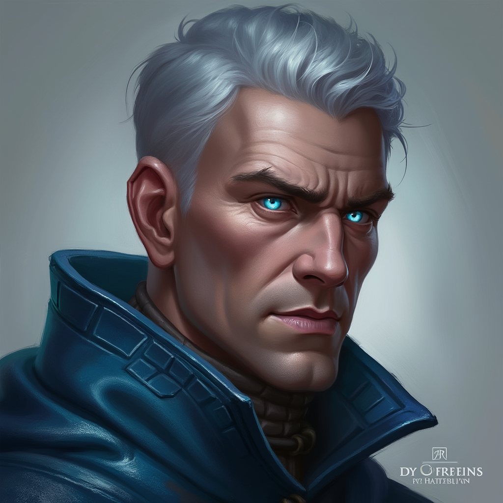 Dungeons and dragons character concept portrait. Male Warlock, Human race, Normal human anatomy and human face, non-fantasy features. Humans have strong jawline and rounded face features, with rounded eyes middle aged human male warlock glowing blue eyes short grey hair no facial hair, , intricate, elegant, highly detailed, digital painting, artstation, concept art, smooth, sharp focus, illustration, art by stable diffusion ai's favorite artists