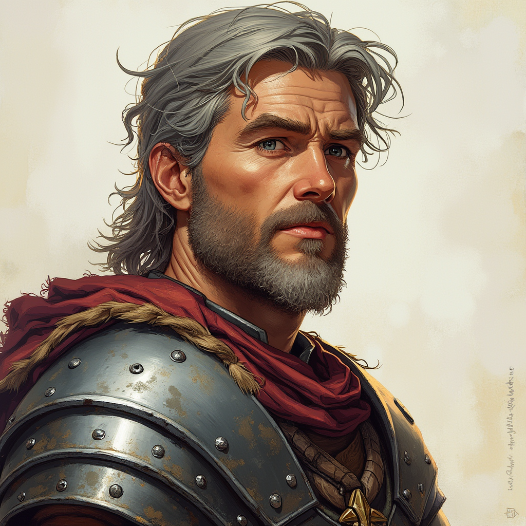 Dungeons and dragons character concept portrait. Male Barbarian, Human race, Normal human anatomy and human face, non-fantasy features. Humans have strong jawline and rounded face features, with rounded eyes Dungeons and dragons character concept portrait. Male Fighter, Human race, Normal human anatomy and human face, non-fantasy features. Humans have strong jawline and rounded face features, with rounded eyes With grey hair, with brown hair, short beard, armor, duke, forty-years old, army general, , dnd hand drawing, dnd drawing portrait, dnd character drawing, highly detailed hand drawing, high quality character drawing, colored drawing, colorful drawing, light background, solid background, , dnd photography, dnd live action, realistic dnd portrait, medium shot portrait, highly detailed, dynamic shot, 4k photo