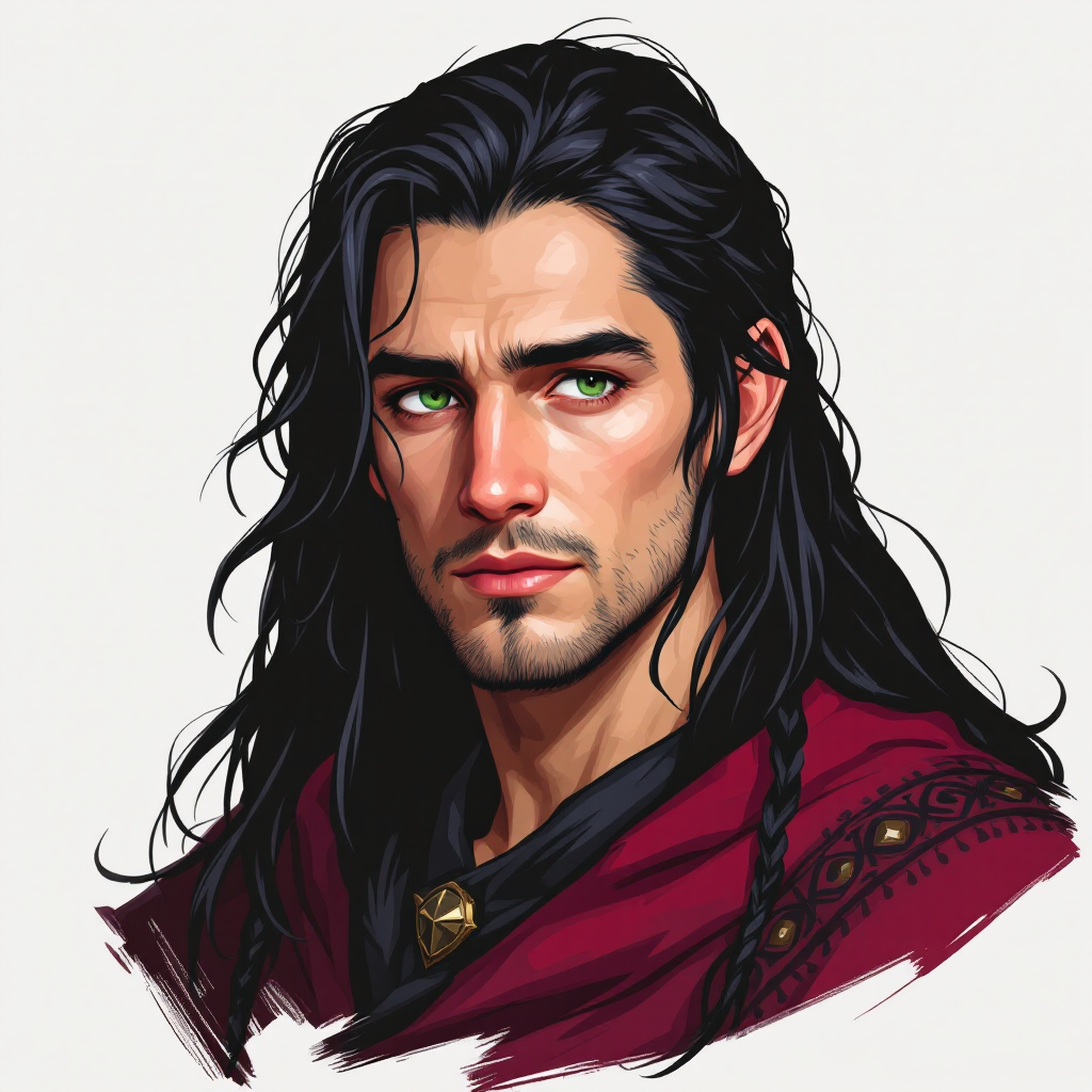 Dungeons and dragons character concept portrait. Male Wizard, Human race, Normal human anatomy and human face, non-fantasy features. Humans have strong jawline and rounded face features, with rounded eyes Intelligent, long braded black hair, green eyes, fair skin, no hood, no beard, , old school dnd portrait, old school dnd character, traditional dnd character art, dungeons and dragons traditional art, 2d character drawing, colored drawing, colorful drawing
