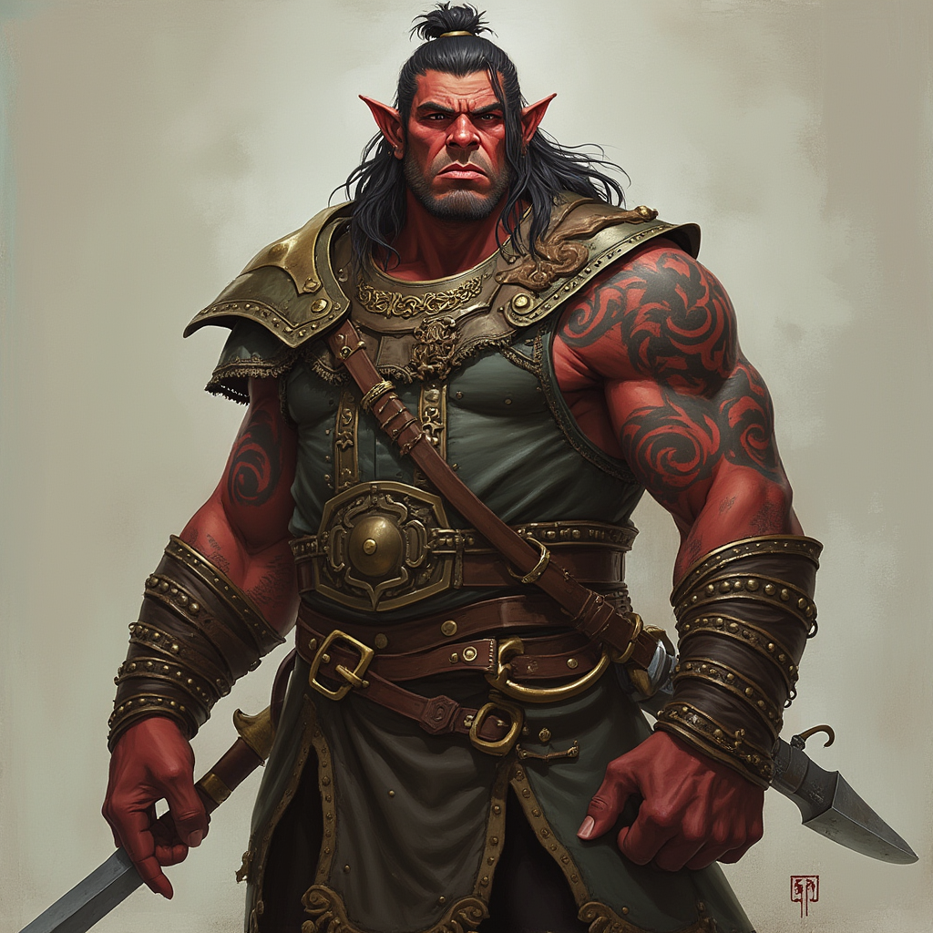 Dungeons and dragons character concept portrait. Male Paladin, Half-Orc race, The half-orc is a robust figure, with a broad and muscular build. They have greenish skin, with pronounced features such as a strong jawline, large tusks protruding from their lower lip, and a prominent brow. Half-orcs have coarse, dark hair. Half-orcs wear rugged, practical clothing suited for combat or hard labor Dark red skin 20 years old, with tattoos on the arms, human sized and long hair with a bun, , intricate, elegant, highly detailed, digital painting, artstation, concept art, smooth, sharp focus, illustration, art by stable diffusion ai's favorite artists