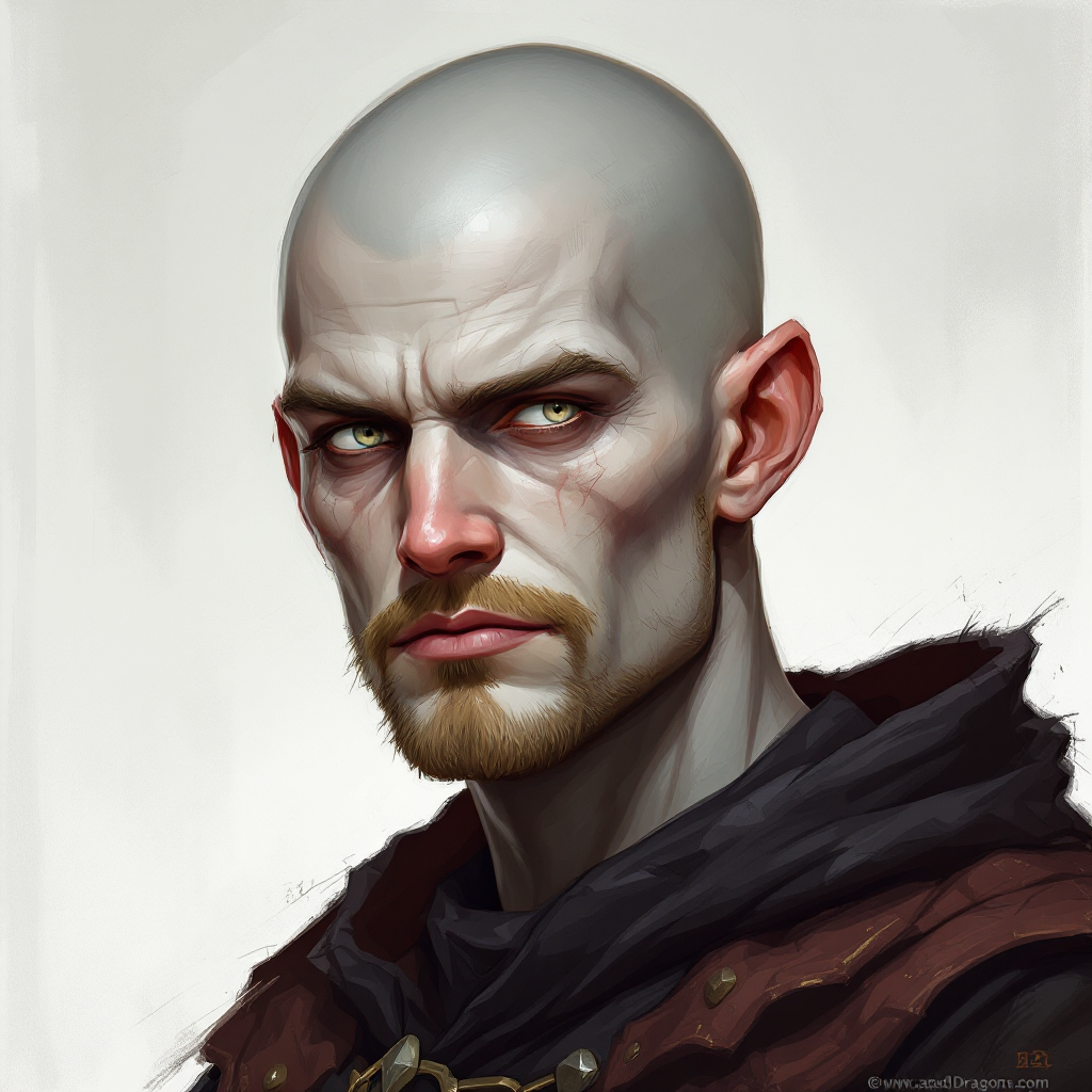 Dungeons and dragons character concept portrait. Male Warlock, Human race, Normal human anatomy and human face, non-fantasy features. Humans have strong jawline and rounded face features, with rounded eyes with grey skin, with white eyes, with a bald head, without a beard, face portrait, young adult, 28 years old, shaved face, war paint, , old school dnd portrait, old school dnd character, traditional dnd character art, dungeons and dragons traditional art, 2d character drawing, colored drawing, colorful drawing