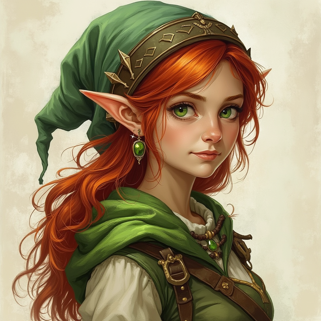 Dungeons and dragons character concept portrait. Female Ranger, Gnome race, The gnome have bright eyes, and an expressive demeanor. They use earrings. Gnomes favor colorful, mismatched clothing female forest gnome pale green skin red hair green eyes, class Ranger, , old school dnd portrait, old school dnd character, traditional dnd character art, dungeons and dragons traditional art, 2d character drawing, colored drawing, colorful drawing
