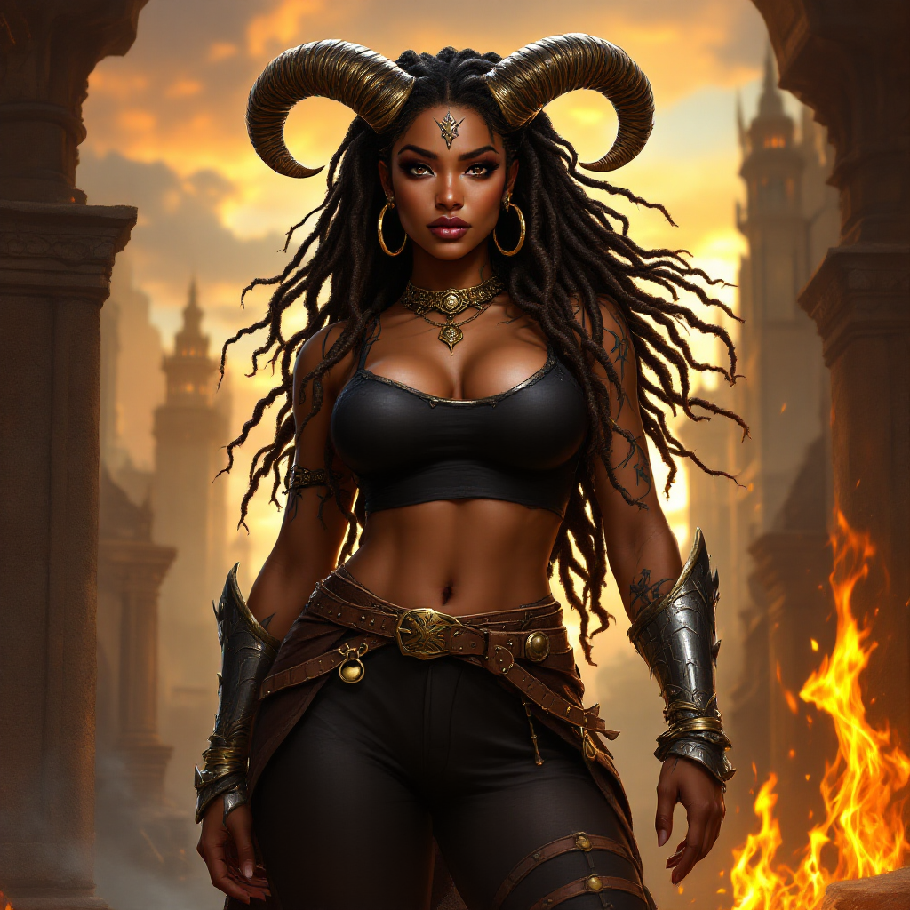 Dungeons and dragons character concept portrait. Female Barbarian, Human race, Normal human anatomy and human face, non-fantasy features. Humans have strong jawline and rounded face features, with rounded eyes A powerful and curvaceous dark-skinned woman with dark golden dreadlocks adorned with metal accents and large curved horns, stands confidently. Her age appears to be mid-20s, exhibiting a strong, muscular physique with intricate tribal tattoos. She wears a black crop top and dark pants, a brown leather belt, and metallic arm armor. Her face features prominent cheekbones, dark eyes, and a determined expression. Gold hoop earrings and a decorative necklace further enhance her appearance. The setting is a detailed architectural background, with a warm, orange-toned sky suggesting either sunrise or sunset. Fiery flames flicker in the foreground, adding a touch of danger and dynamism. The overall composition is a mix of fantasy and heroic elements, with a dynamic perspective and a focus on detail, evoking a sense of strength and adventure. The art style could be described as a combination of fantasy illustration and anime-inspired design, creating a vivid and compelling aesthetic., , dnd cartoon character portrait, dnd cartoon character, highly detailed, high quality cartoon character