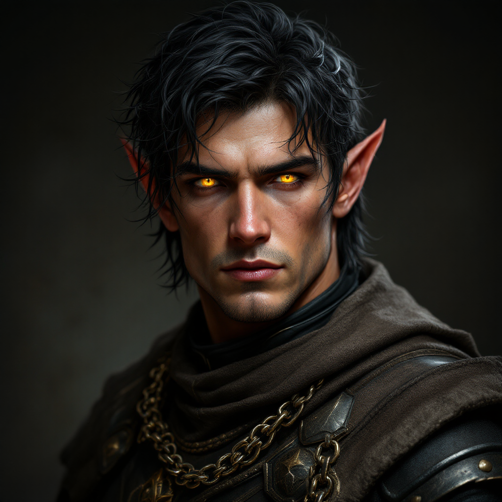 Dungeons and dragons character concept portrait. Male Paladin, Half-Elf race, The half-elf is a tall, slender figure. They have a graceful appearance with high cheekbones. Their eyes are typically vibrant and round like human eyes half elf male paladin with gold eyes and black hair in chain mail, , dnd photography, dnd live action, realistic dnd portrait, medium shot portrait, highly detailed, dynamic shot, 4k photo