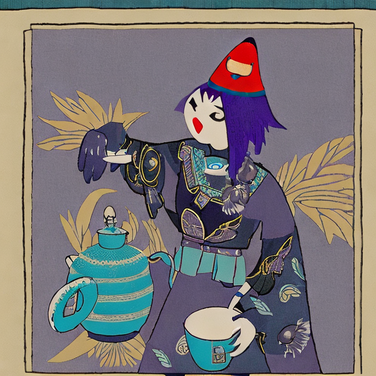 A female tengu character. She has a crow head with dark blue-black feathers that cover her whole body. She has shiny dark blue eyes. She's wearing traveling attire that is light in color and embroidered with floral patterns in purples and blues. Her hands are taloned and birdlike. She is pouring a steaming cup of tea from a dark purple steel kettle into a matching teacup. She looks kind, but is focused on her task., epic fantasy,  Realistic image