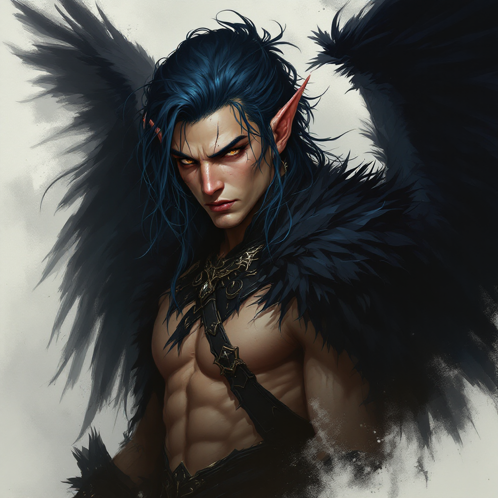 Dungeons and dragons character concept portrait. Male Barbarian, Elf race, The elf is a slender, athletic figure, standing about the same height as a human. Elves have bright eyes. Elves have angular features and angular eyes. Their hair long with loose hairstyle  dark hair, short blue-black hair, eyes are hazel, scarred hands, black wings are dark and powerful, shadows are surrounding him, he wears black fighting leather with blue syphons in them, , intricate, elegant, highly detailed, digital painting, artstation, concept art, smooth, sharp focus, illustration, art by stable diffusion ai's favorite artists