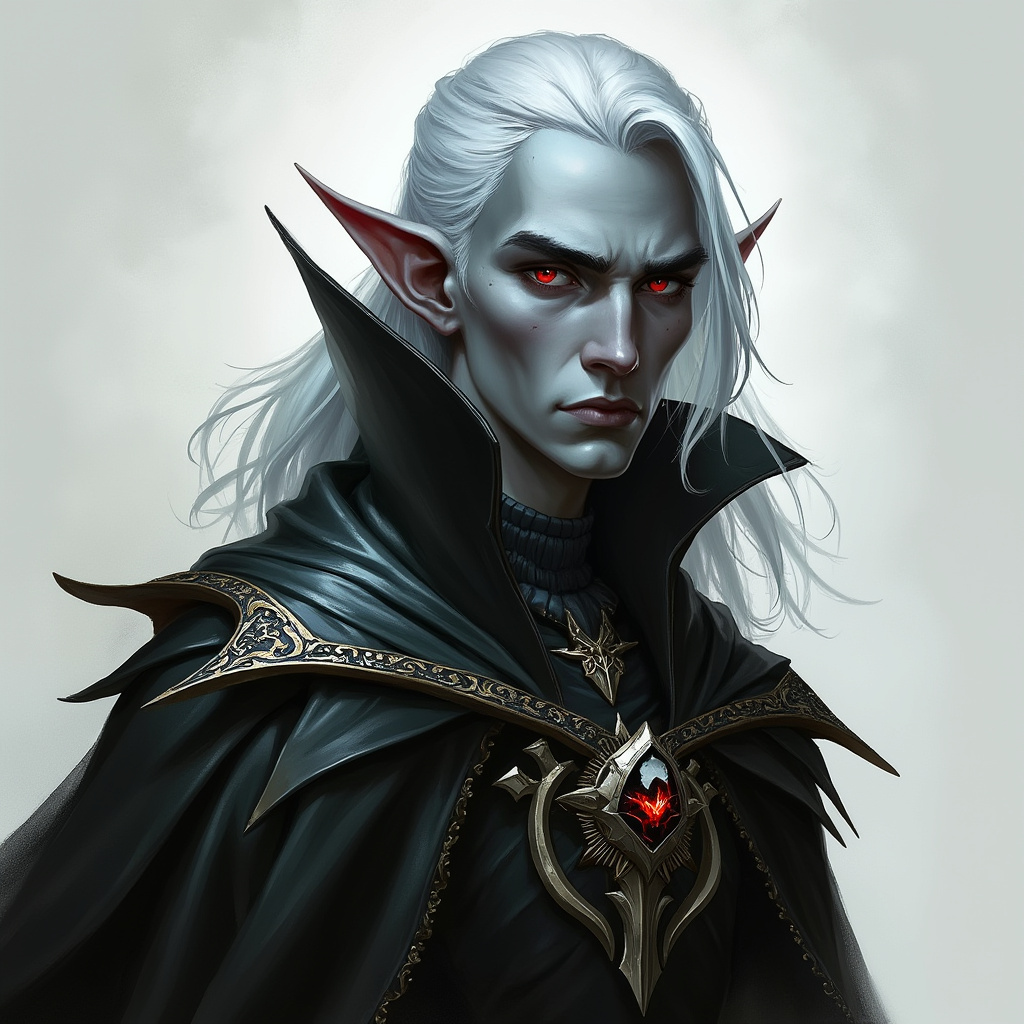 Dungeons and dragons character concept portrait. Male Sorcerer, Drow race, The drow, or dark elf, is a slender figure, with dark gray to nearly black skin. Their hair is stark white or pale silver, contrasting sharply with their skin. Drow have sharp, angular features, and vibrant eyes and angular eyes. They wear dark, elegant clothing with intricate details reflecting their underground and mysterious origins with robe, with mid-length hair, , intricate, elegant, highly detailed, digital painting, artstation, concept art, smooth, sharp focus, illustration, art by stable diffusion ai's favorite artists