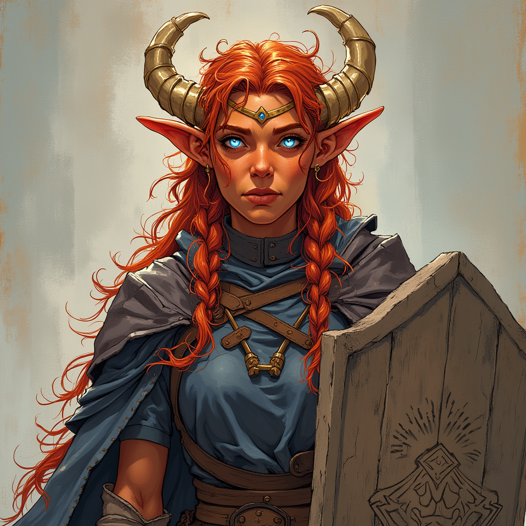 Dungeons and dragons character concept portrait. Female Paladin, Tiefling race, The tiefling is a tall and striking figure with a lean and muscular build. Sharp horns that grow amidst the hairline. Tieflings have glowing eyes which give them an otherworldly appearance. Tieflings favor bold clothing incorporating dark colors and intricate patterns Tiefling female, muscular and stocky, orange-gold skin, bright flamelike BLUE-WHITE eyes, wavy fire-engine red hair in messy braids, gold-white twelve point antler-like horns, UNARMORED, simple rugged clothing, a large hammer on her back, affable friendly smile, carved wooden shield, , old school dnd portrait, old school dnd character, traditional dnd character art, dungeons and dragons traditional art, 2d character drawing, colored drawing, colorful drawing