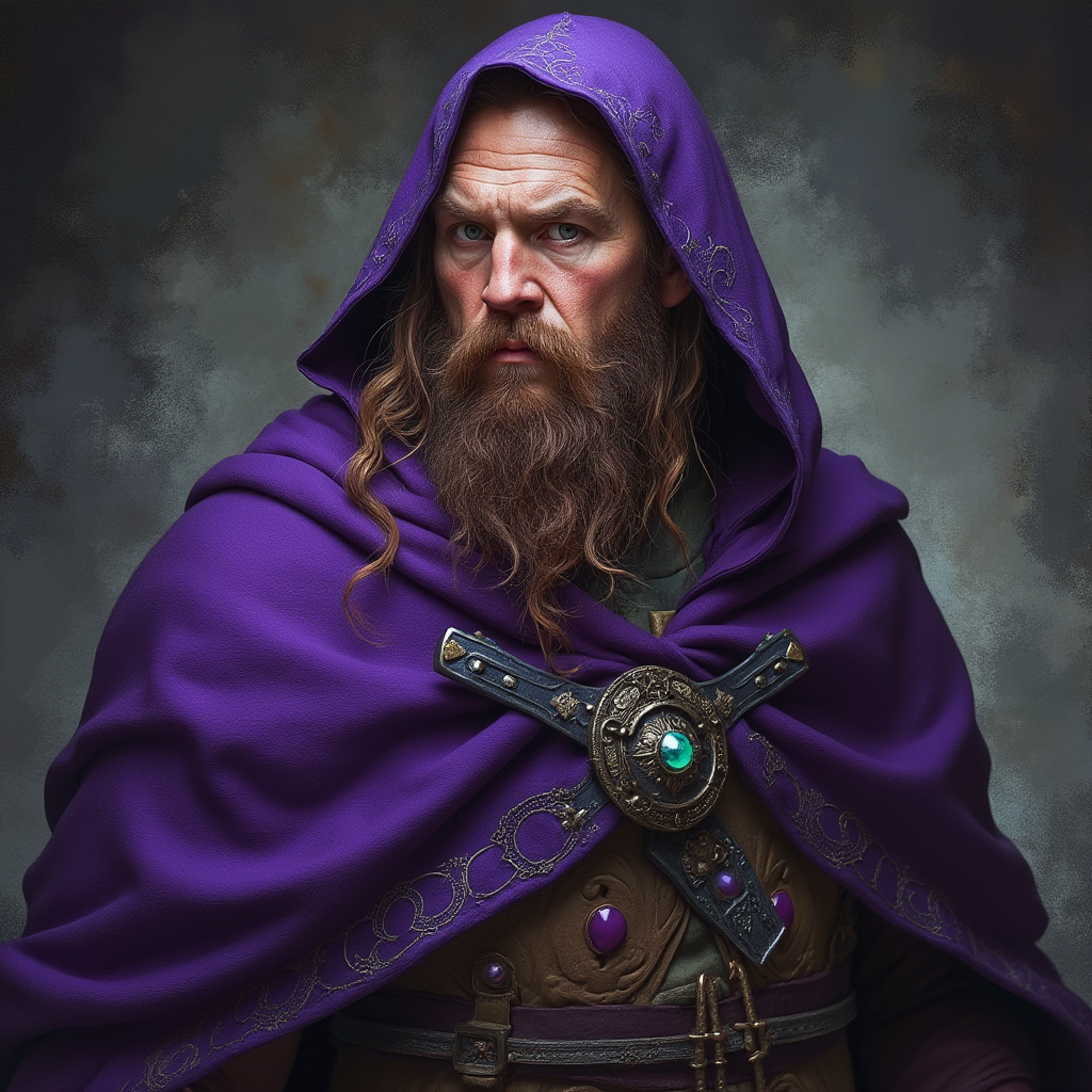 Dungeons and dragons character concept portrait. Male Wizard, Dwarf race, The dwarf is a short and broad figure. Dwarves have long hair. Dwarves have rounded face features. Their clothing and gear are decorated with bold geometric designs, gems, and ancestral faces Male dwarf wizard in dark violet cloak, , dnd photography, dnd live action, realistic dnd portrait, medium shot portrait, highly detailed, dynamic shot, 4k photo