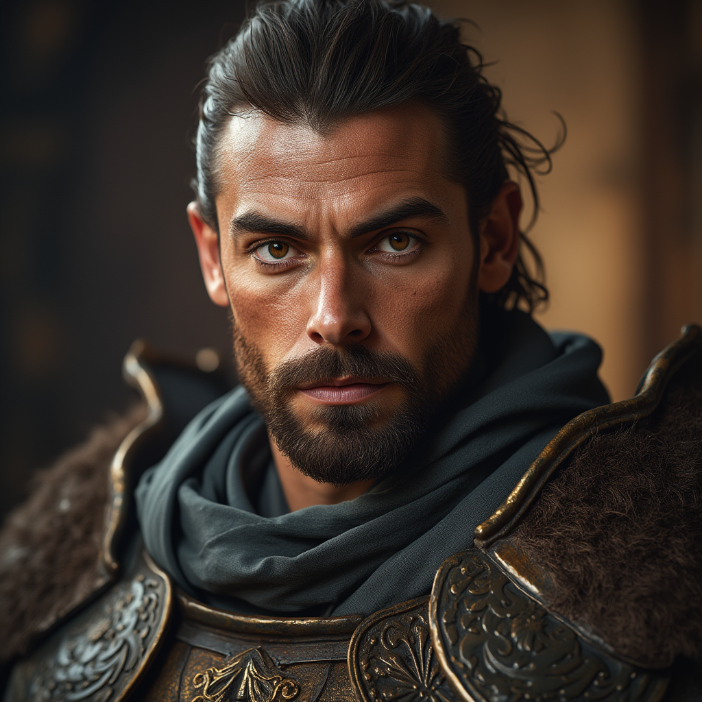 Dungeons and dragons character concept portrait. Male Fighter, Human race, Normal human anatomy and human face, non-fantasy features. Humans have strong jawline and rounded face features, with rounded eyes human male guard, , dnd photography, dnd live action, realistic dnd portrait, medium shot portrait, highly detailed, dynamic shot, 4k photo