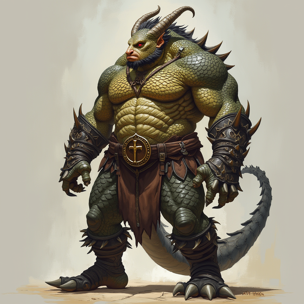 Dungeons and dragons character concept portrait. Male Barbarian, Dragonborn race, The dragonborn is a tall and muscular humanoid, covered in fine, leather scales with larger scales on their forearms, legs, shoulders, and thighs. They have clawed hands and feet with three fingers and a thumb. Their face has a blunt snout, strong brow, and frills near the cheeks and ears. A crest of horn-like scales runs down the back of their head, resembling thick, ropy hair. Their eyes are red or gold , intricate, elegant, highly detailed, digital painting, artstation, concept art, smooth, sharp focus, illustration, art by stable diffusion ai's favorite artists