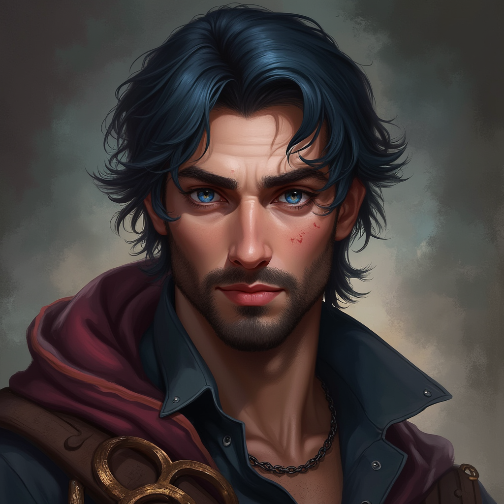 Dungeons and dragons character concept portrait. Male Bard, Human race, Normal human anatomy and human face, non-fantasy features. Humans have strong jawline and rounded face features, with rounded eyes gambler pirate, young, sapphire eyes, raven black hair, well kept short beard, with a scar over left eye, , , intricate, elegant, highly detailed, digital painting, artstation, concept art, smooth, sharp focus, illustration, art by stable diffusion ai's favorite artists