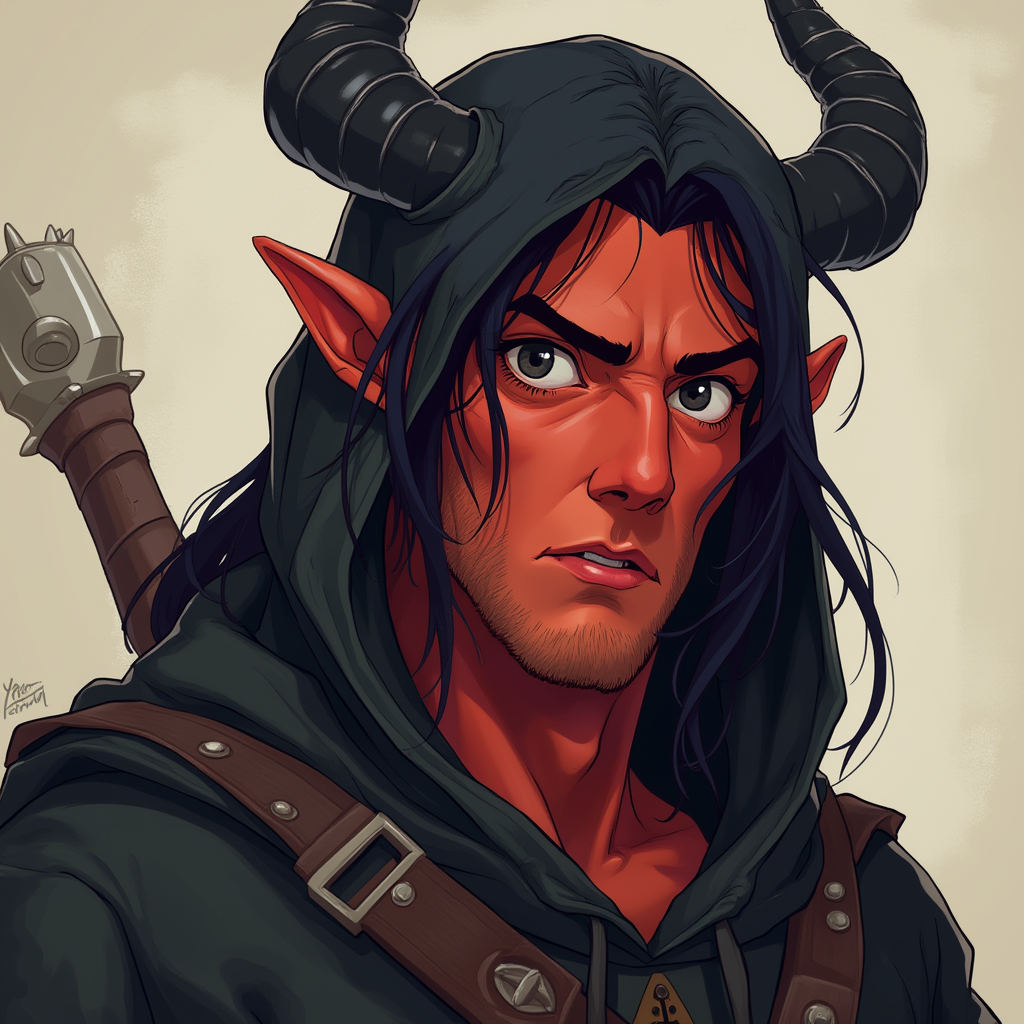 Dungeons and dragons character concept portrait. Male Barbarian, Human race, Normal human anatomy and human face, non-fantasy features. Humans have strong jawline and rounded face features, with rounded eyes girl, black hair, black eyes, wearing black hood, long crooked ears, black horns, red skin, , dnd cartoon character portrait, dnd cartoon character, highly detailed, high quality cartoon character