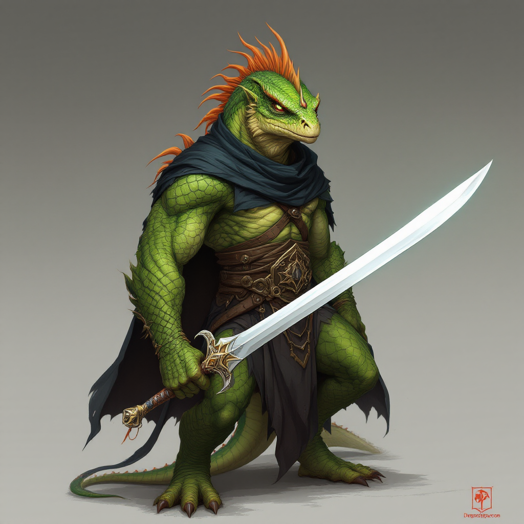 Dungeons and dragons character concept portrait. Male Fighter, Dragonborn race, The dragonborn is a tall and muscular humanoid, covered in fine, leather scales with larger scales on their forearms, legs, shoulders, and thighs. They have clawed hands and feet with three fingers and a thumb. Their face has a blunt snout, strong brow, and frills near the cheeks and ears. A crest of horn-like scales runs down the back of their head, resembling thick, ropy hair. Their eyes are red or gold He has the appearance of a green chameleon Lizard-folk. He wears the Cloak of Arachnida: A fine garment made of black silk interwoven with faint silvery threads, and under the cloak he wears common clothes . He is wielding A Sun Blade: a sword with a silver hilt and a blade of pure golden-white radiance that is thin as a wire. He has green eyes and a 1 single horn centered on his forehead., , tech dnd character portrait, dnd tech character, highly detailed, high quality tech character, with technology elements, sci-fi dnd character