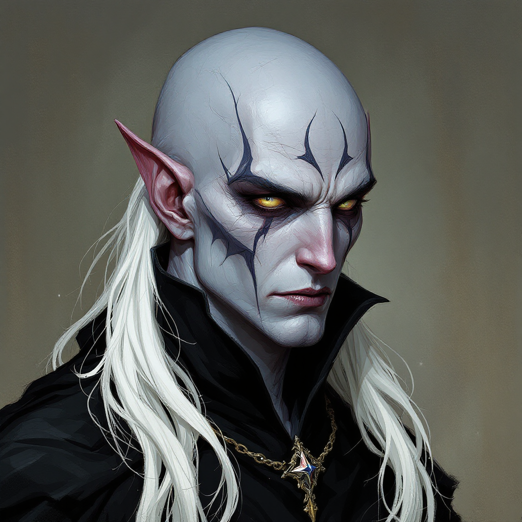 Dungeons and dragons character concept portrait. Male Warlock, Drow race, The drow, or dark elf, is a slender figure, with dark gray to nearly black skin. Their hair is stark white or pale silver, contrasting sharply with their skin. Drow have sharp, angular features, and vibrant eyes and angular eyes. They wear dark, elegant clothing with intricate details reflecting their underground and mysterious origins with grey skin, with white eyes, with a bald head, without a beard, face portrait, young adult, 28 years old, shaved face, war paint, , old school dnd portrait, old school dnd character, traditional dnd character art, dungeons and dragons traditional art, 2d character drawing, colored drawing, colorful drawing