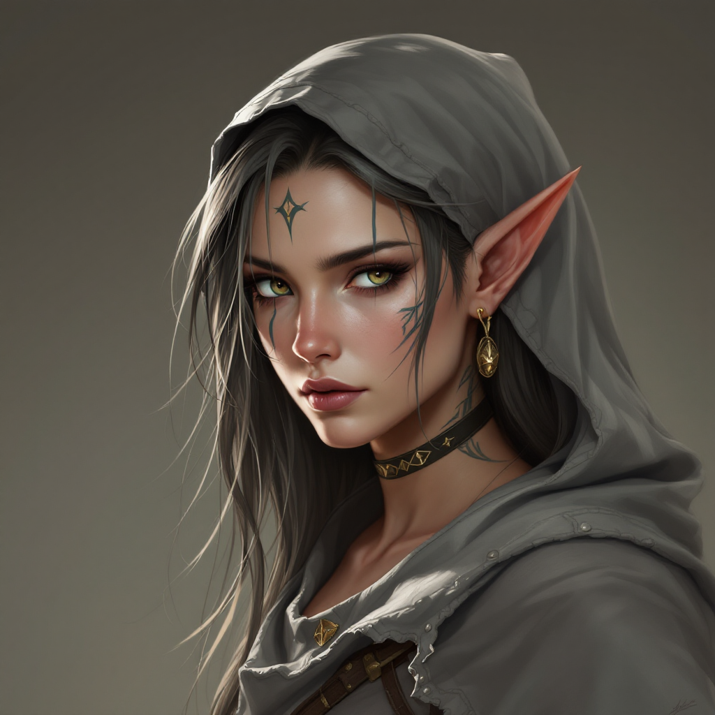 Dungeons and dragons character concept portrait. Female Rogue, Elf race, The elf is a slender, athletic figure, standing about the same height as a human. Elves have bright eyes. Elves have angular features and angular eyes. Their hair long with loose hairstyle wearing a hood, with long hair, with tattoos on the face, , intricate, elegant, highly detailed, digital painting, artstation, concept art, smooth, sharp focus, illustration, art by stable diffusion ai's favorite artists