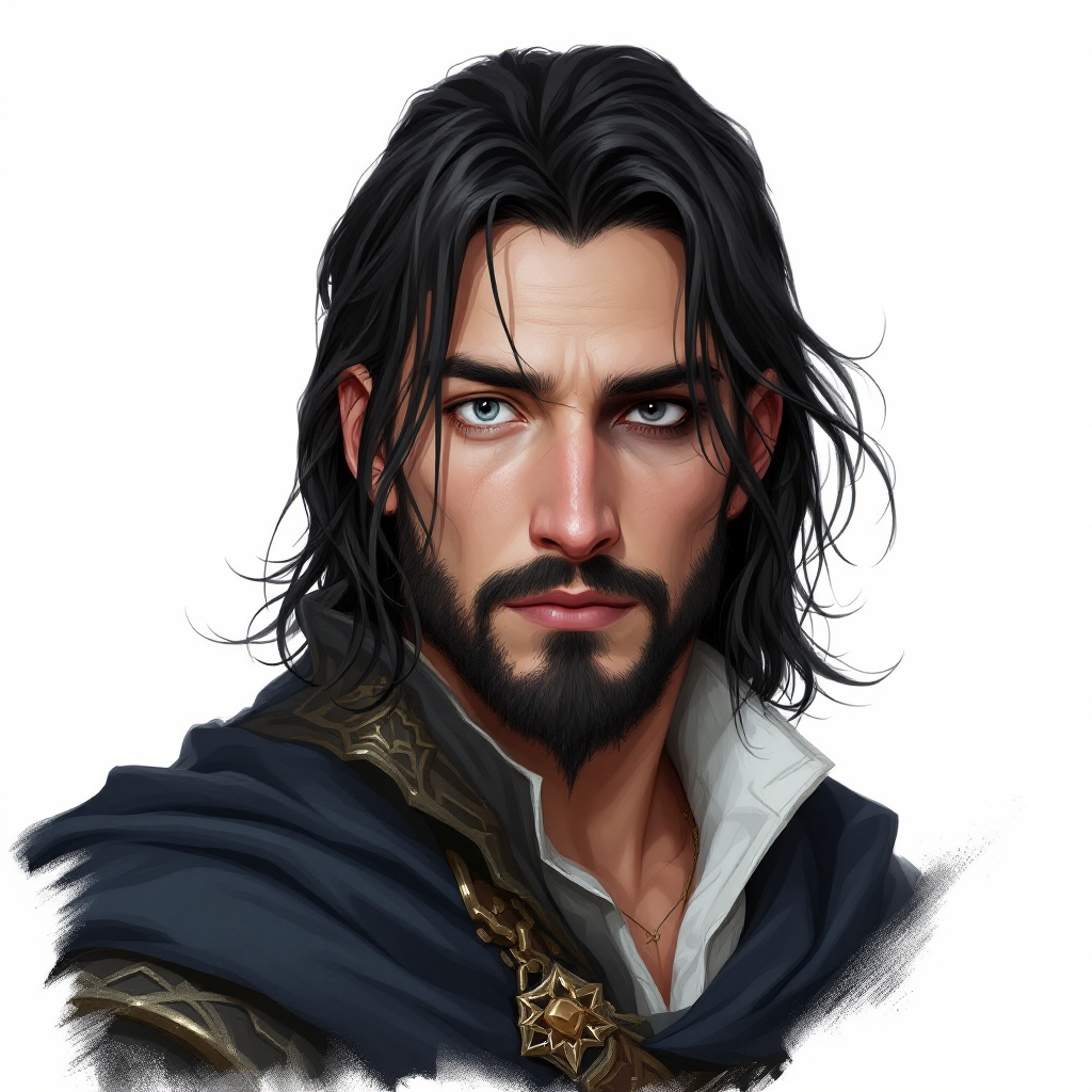 Dungeons and dragons character concept portrait. Male Wizard, Human race, Normal human anatomy and human face, non-fantasy features. Humans have strong jawline and rounded face features, with rounded eyes  an Aasimar man, with albino skin, with shoulder-length black hair, with an all-black left eye and an all-white right eye, with a thin nose, with a short black beard, , intricate, elegant, highly detailed, digital painting, artstation, concept art, smooth, sharp focus, illustration, art by stable diffusion ai's favorite artists