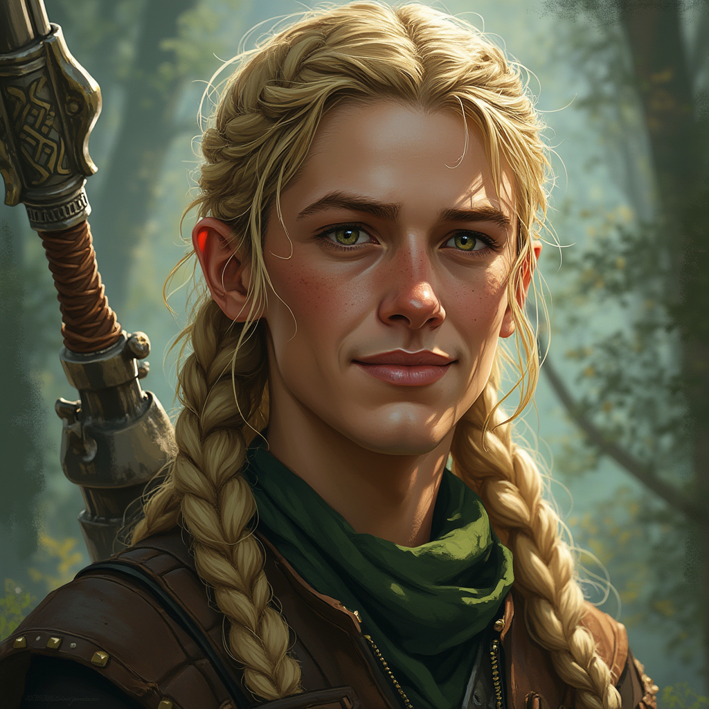Dungeons and dragons character concept portrait. Male Ranger, Human race, Normal human anatomy and human face, non-fantasy features. Humans have strong jawline and rounded face features, with rounded eyes Ceridwen, 35, a non-binary middle-aged human ranger with warm green-brown hazel eyes and golden hair worn in complex braids. androgynous features that look masculine. Happy and charismatic. photo-realistic. ugly., , dnd photography, dnd live action, realistic dnd portrait, medium shot portrait, highly detailed, dynamic shot, 4k photo