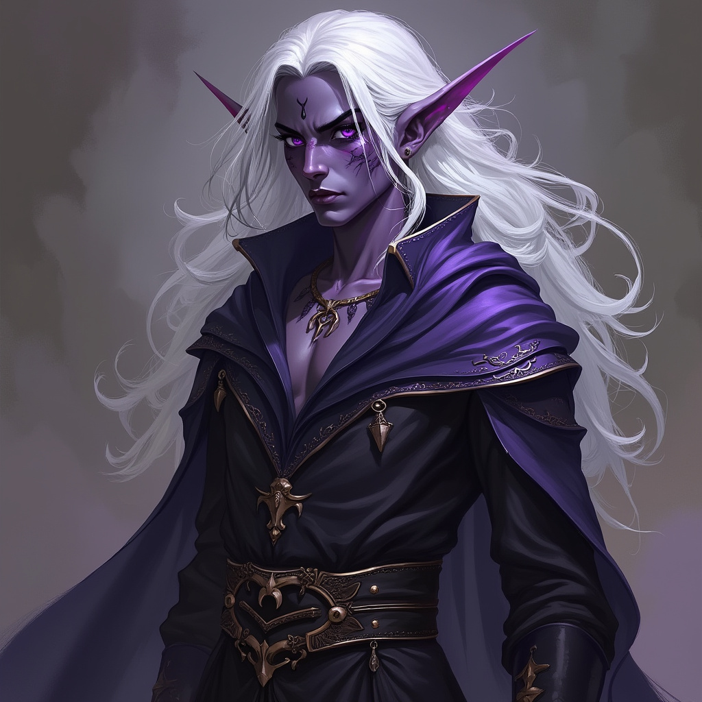 Dungeons and dragons character concept portrait. Male Sorcerer, Drow race, The drow, or dark elf, is a slender figure, with dark gray to nearly black skin. Their hair is stark white or pale silver, contrasting sharply with their skin. Drow have sharp, angular features, and vibrant eyes and angular eyes. They wear dark, elegant clothing with intricate details reflecting their underground and mysterious origins red dragon sorcerer, robe, purple skin, D&D, with tattoos on face,, , intricate, elegant, highly detailed, digital painting, artstation, concept art, smooth, sharp focus, illustration, art by stable diffusion ai's favorite artists