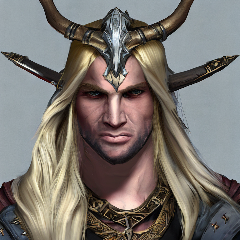 GURPS character concept portrait. Male Barbarian, Human race,  with horns, wearing a hood, with long blonde hair, with religious tattoos, scar on the face, with cleric Vestments, with chain shirt, with holy symbol , with missing ring Finger,  intricate, elegant, highly detailed, digital painting, artstation, concept art, smooth, sharp focus, illustration, art by stable diffusion ai's favorite artists