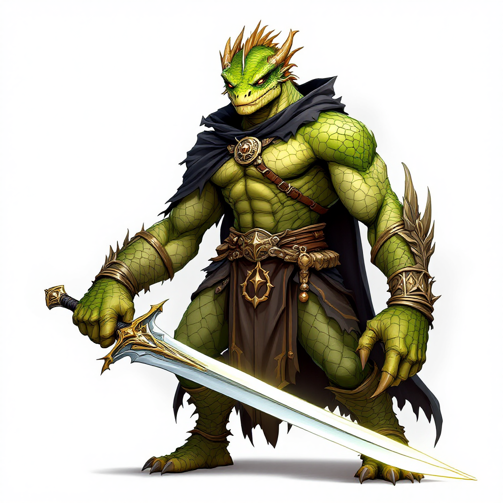 Dungeons and dragons character concept portrait. Male Fighter, Dragonborn race, The dragonborn is a tall and muscular humanoid, covered in fine, leather scales with larger scales on their forearms, legs, shoulders, and thighs. They have clawed hands and feet with three fingers and a thumb. Their face has a blunt snout, strong brow, and frills near the cheeks and ears. A crest of horn-like scales runs down the back of their head, resembling thick, ropy hair. Their eyes are red or gold He has the appearance of a green chameleon Lizard-folk. He wears the Cloak of Arachnida: A fine garment made of black silk interwoven with faint silvery threads, and under the cloak he wears common clothes . He is wielding A Sun Blade: a sword with a silver hilt and a blade of pure golden-white radiance that is thin as a wire. He has green eyes and a 1 single horn centered on his forehead., with green skin, , tech dnd character portrait, dnd tech character, highly detailed, high quality tech character, with technology elements, sci-fi dnd character