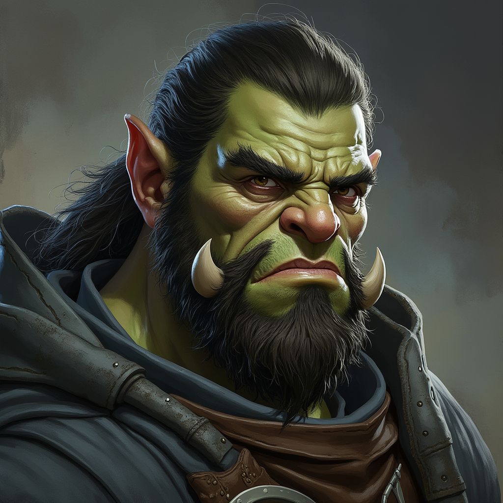 Dungeons and dragons character concept portrait. Male Paladin, Half-Orc race, The half-orc is a robust figure, with a broad and muscular build. They have greenish skin, with pronounced features such as a strong jawline, large tusks protruding from their lower lip, and a prominent brow. Half-orcs have coarse, dark hair. Half-orcs wear rugged, practical clothing suited for combat or hard labor , intricate, elegant, highly detailed, digital painting, artstation, concept art, smooth, sharp focus, illustration, art by stable diffusion ai's favorite artists