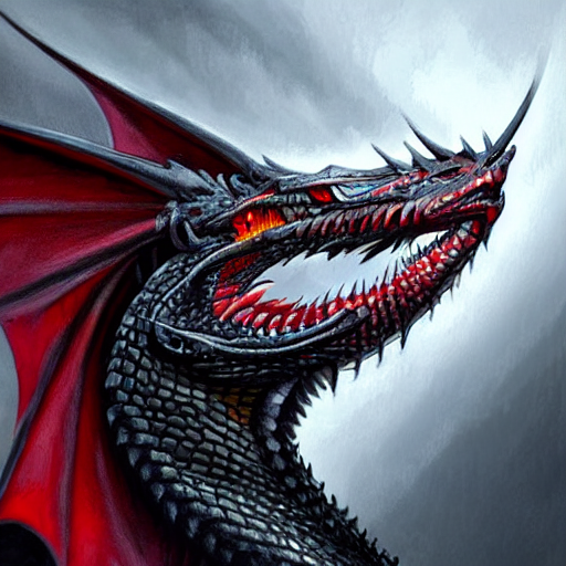 A portrait showing the  head of a dragon with Black scales, Red-eyed dragon, with long neck in the shape of an S, dragon with Red eyes, western dragon, Red dragon in combat blowing fire,  intricate, elegant, highly detailed, digital painting, artstation, concept art, smooth, sharp focus, illustration, epic fantasy, epic professional digital art by greg rutkowski